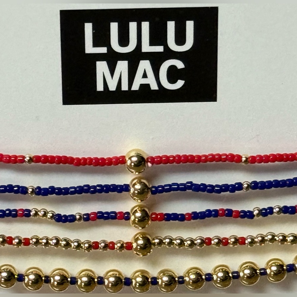 Lulu Mac Red and Blue Beaded Bracelet Stack Set NEW